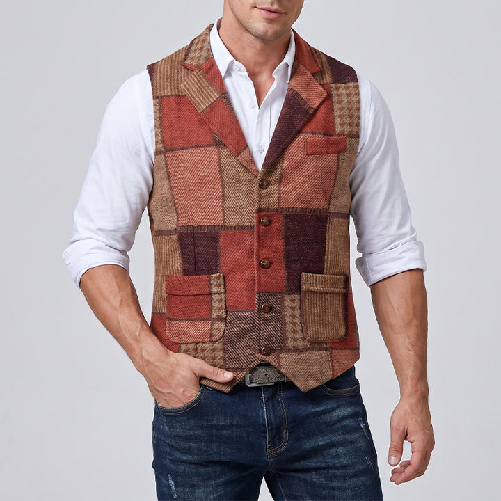 Men's Warm Tone Patchwork Mixed Herringbone Pattern Suit Vest - image 2