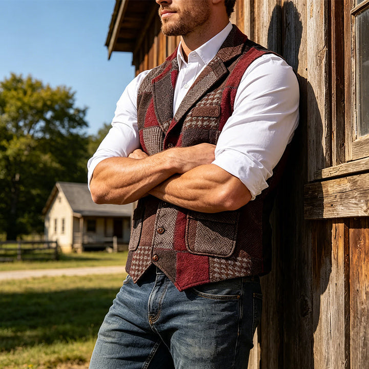 Men's Warm Tone Patchwork Mixed Herringbone Pattern Suit Vest - Burgundy - 2XL - image 12