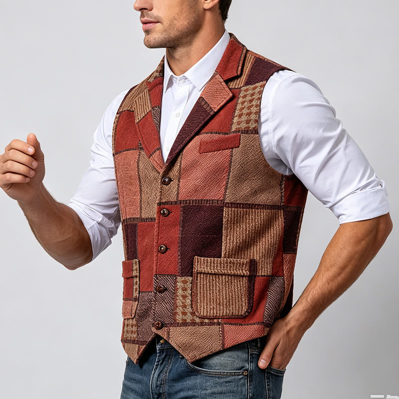 Men's Warm Tone Patchwork Mixed Herringbone Pattern Suit Vest - image 3