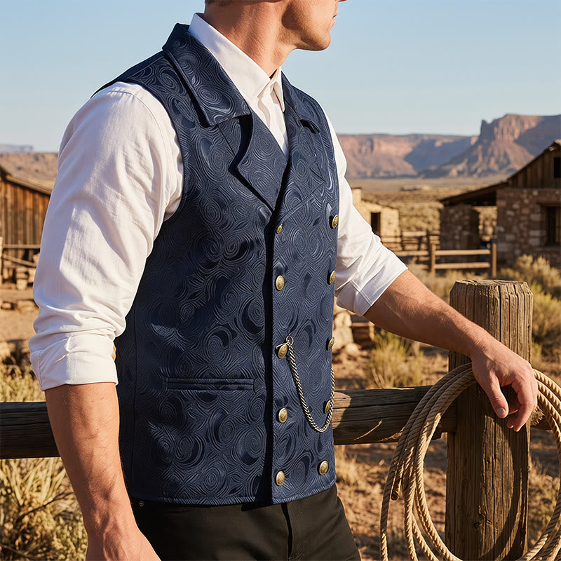 Men's Double-Breasted Floral Jacquard Suit Vest With Chain Detail - Navy - 2XL - image 5