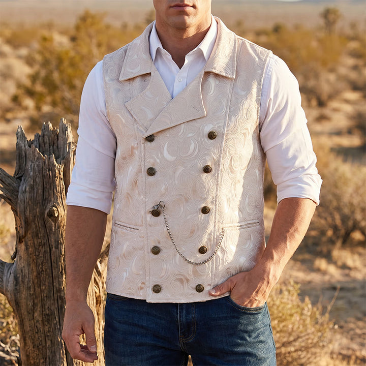 Men's Double-Breasted Floral Jacquard Suit Vest With Chain Detail - Champagne - 2XL - image 2
