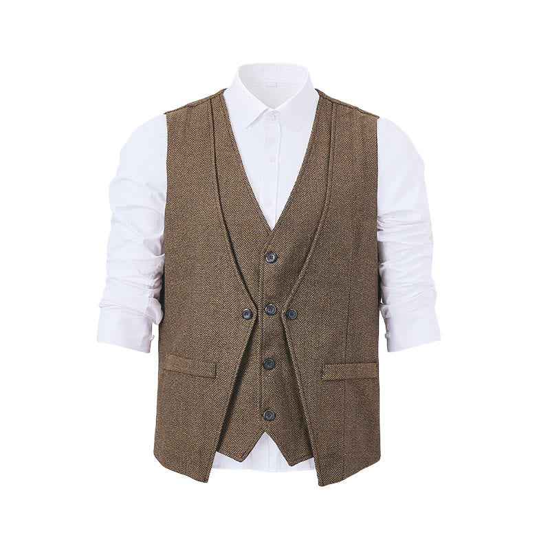 Men's Refined Layered-Look Herringbone Suit Vest - Khaki - 2XL - image 13