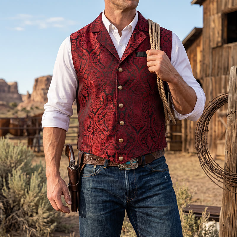 Men's Victorian-Inspired Paisley Jacquard Notch Lapel Suit Vest - Dark Red - 2XL - image 10