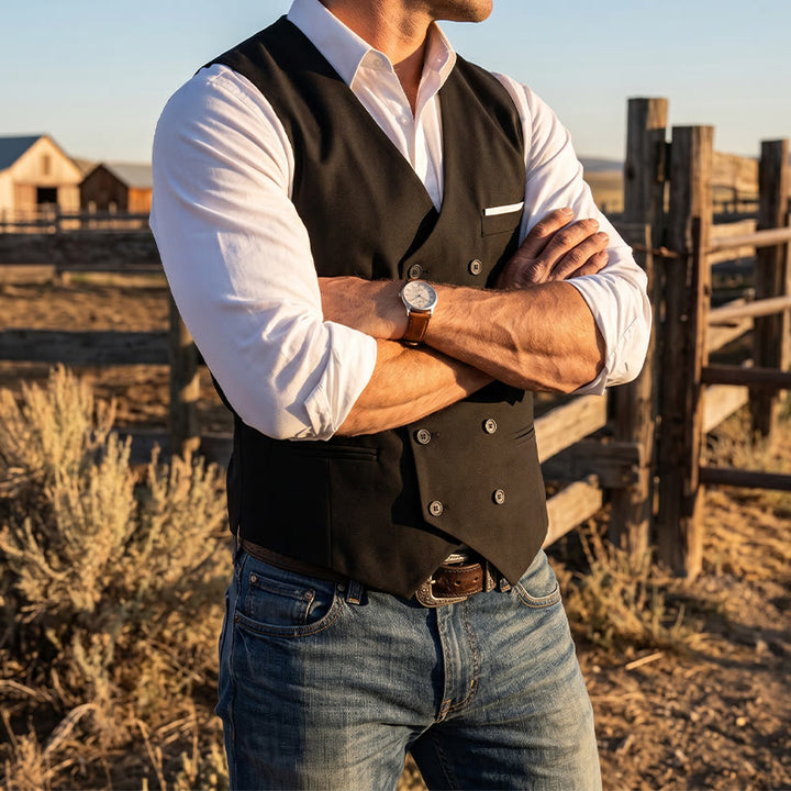 Men's Solid Color Double-Breasted Tuxedo Style Suit Vest - Black - 3XL - image 8