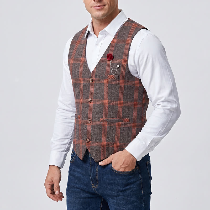 Elegant Plaid All-Season Suit Vest With Red Rose Pin - image 1