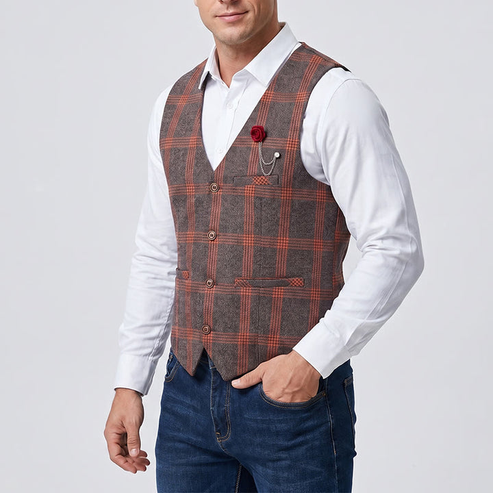 Elegant Plaid All-Season Suit Vest With Red Rose Pin - image 1