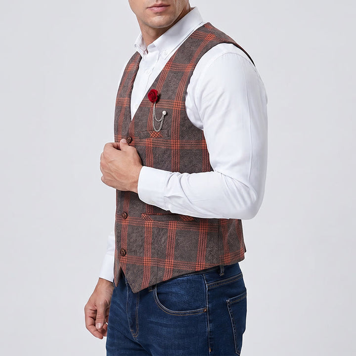 Elegant Plaid All-Season Suit Vest With Red Rose Pin - image 3
