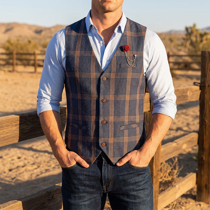 Elegant Plaid All-Season Suit Vest With Red Rose Pin - Navy - 10XL - image 4