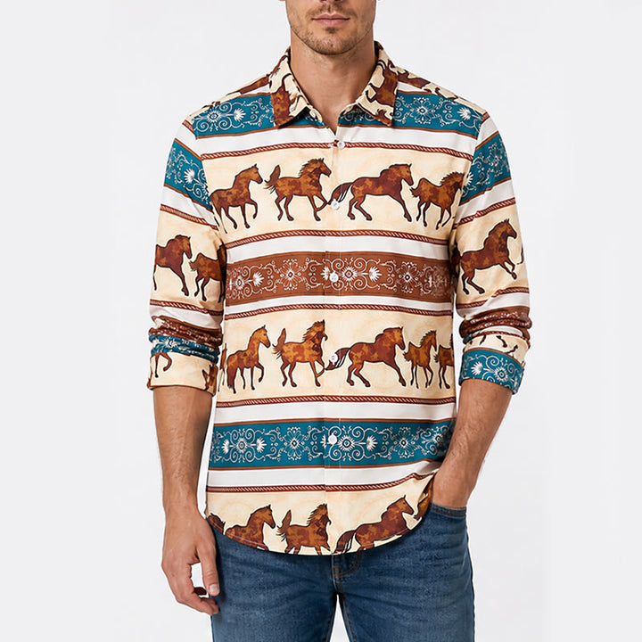 Men's Retro Western Horse & Ornate Border Print Shirt - image 1