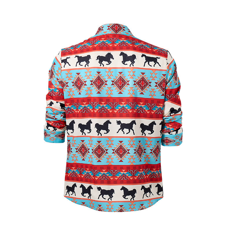 Men's Turquoise & Red Southwestern Tribal Horse Print Shirt - image 9