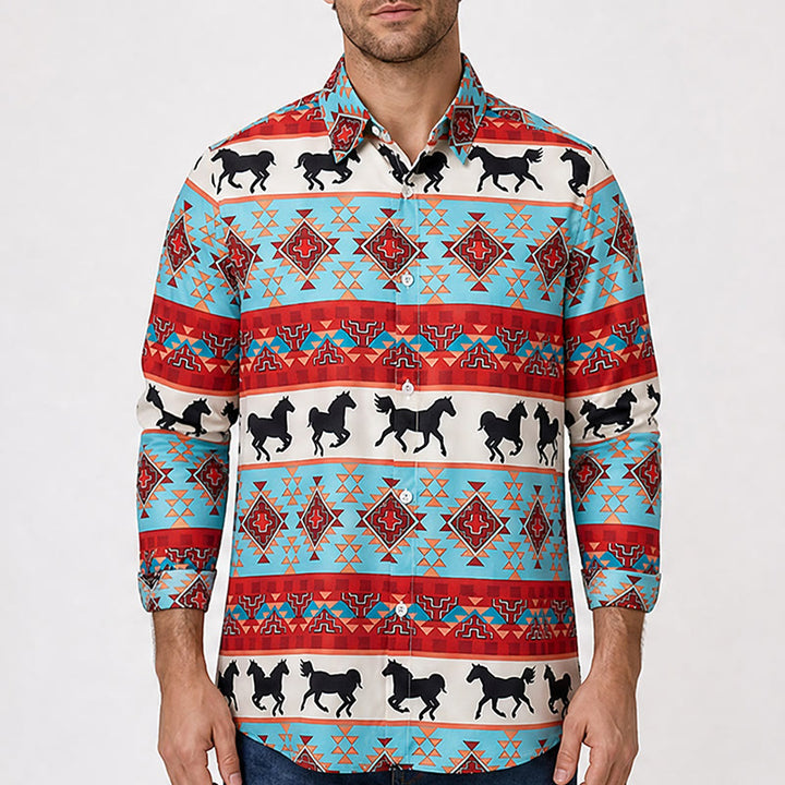 Men's Turquoise & Red Southwestern Tribal Horse Print Shirt - image 1