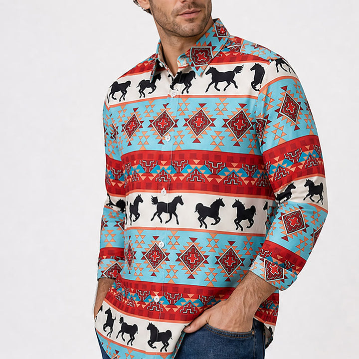 Men's Turquoise & Red Southwestern Tribal Horse Print Shirt - image 3