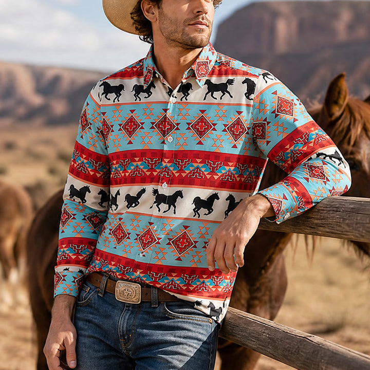 Men's Turquoise & Red Southwestern Tribal Horse Print Shirt - Turquoise & Red - 6XL - image 0