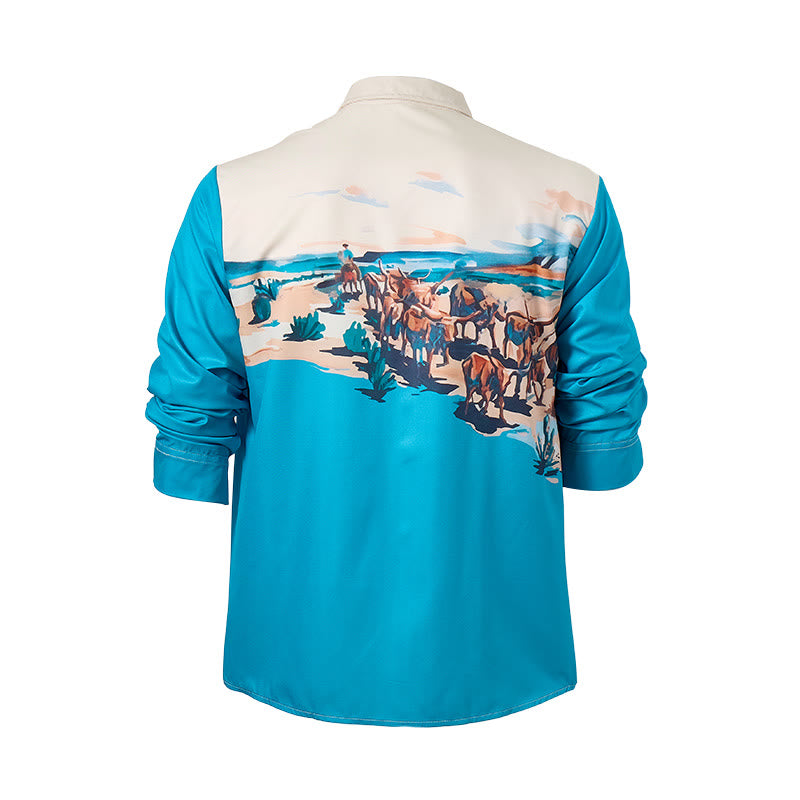 Men's Teal & Cream Western Cattle Drive Landscape Print Shirt - image 10
