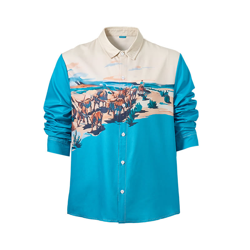 Men's Teal & Cream Western Cattle Drive Landscape Print Shirt - image 9