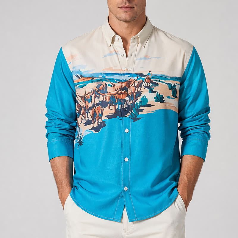 Men's Teal & Cream Western Cattle Drive Landscape Print Shirt - image 1