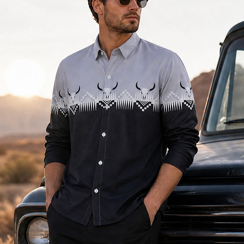 Men's Classic Black & Gray Bull Head Print Western Shirt - Black & Gray - 5XL - image 0