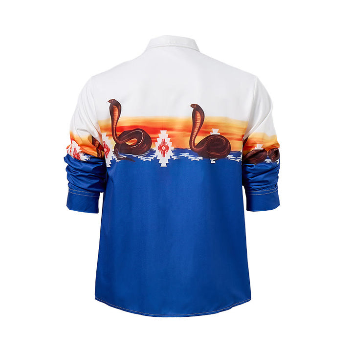 Men's Blue & White Sunset & Aztec Snake Print Shirt - image 9