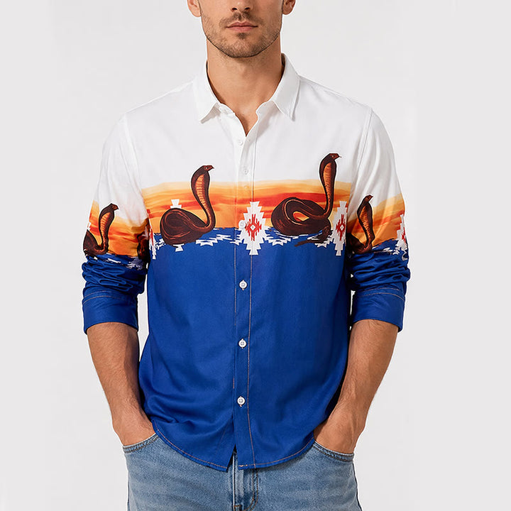 Men's Blue & White Sunset & Aztec Snake Print Shirt - image 1