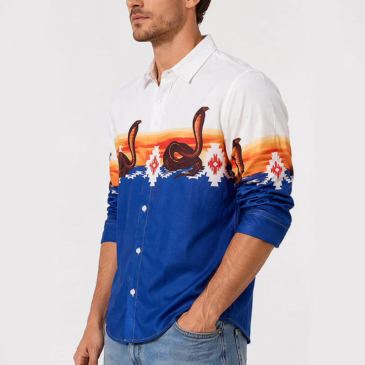 Men's Blue & White Sunset & Aztec Snake Print Shirt - image 3