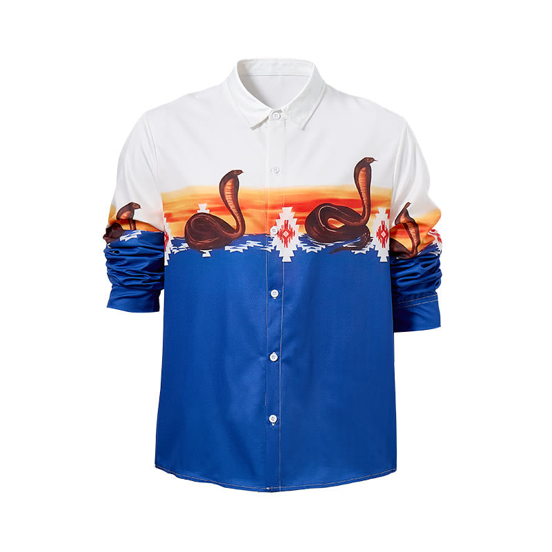Men's Blue & White Sunset & Aztec Snake Print Shirt - image 8