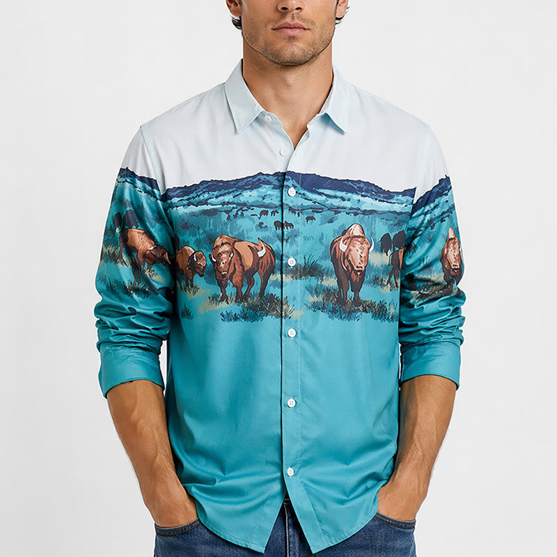 Men's Western Prairie Buffalo Scenic Print Shirt - image 1