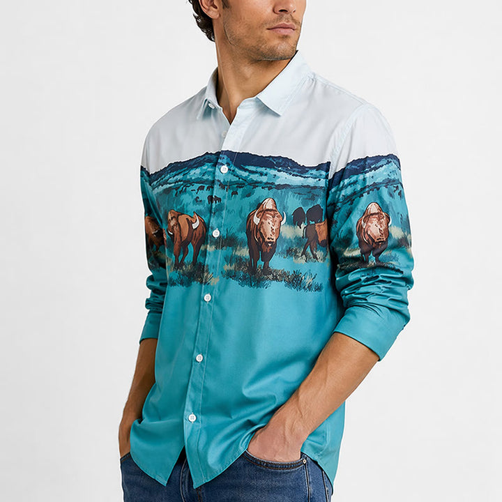 Men's Western Prairie Buffalo Scenic Print Shirt - image 3