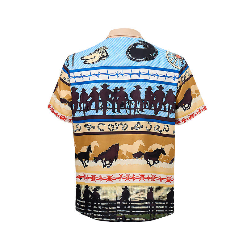 Men's Tan & Blue Cowboy Silhouette & Horse Herd Print Shirt - image 7