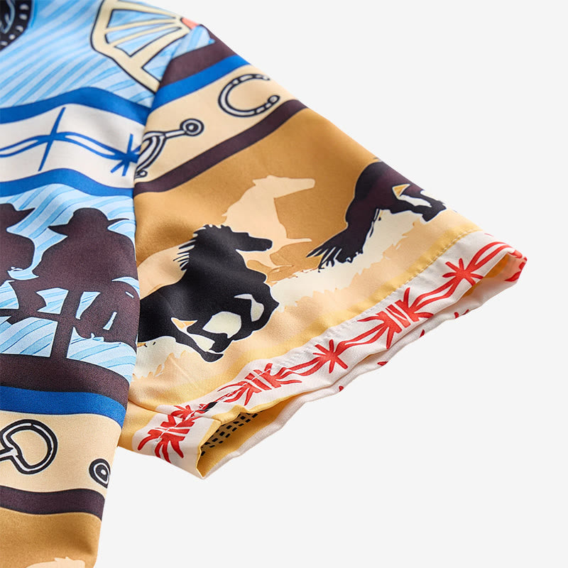 Men's Tan & Blue Cowboy Silhouette & Horse Herd Print Shirt - image 6