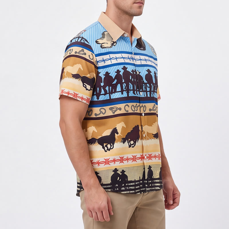 Men's Tan & Blue Cowboy Silhouette & Horse Herd Print Shirt - image 3