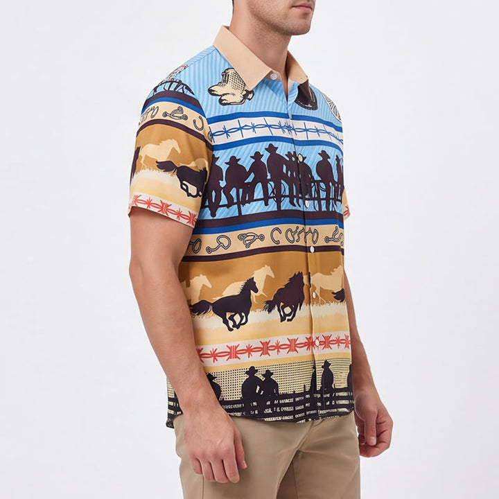 Men's Tan & Blue Cowboy Silhouette & Horse Herd Print Shirt - image 3