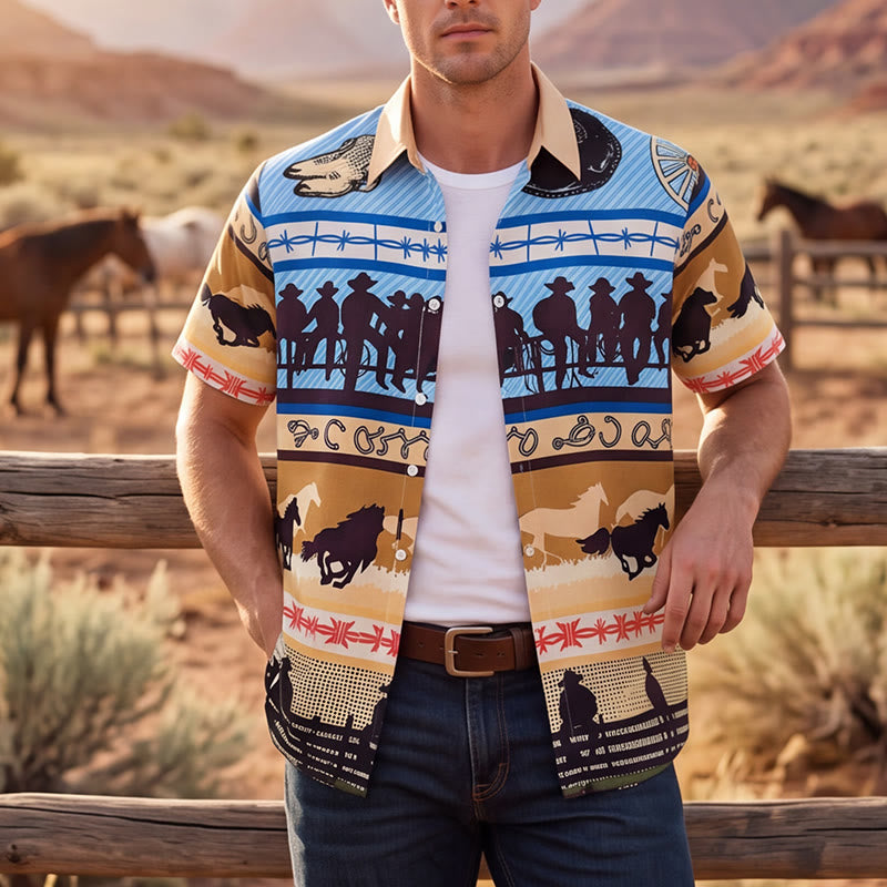 Men's Tan & Blue Cowboy Silhouette & Horse Herd Print Shirt - Tan & Blue - 5XL - image 0