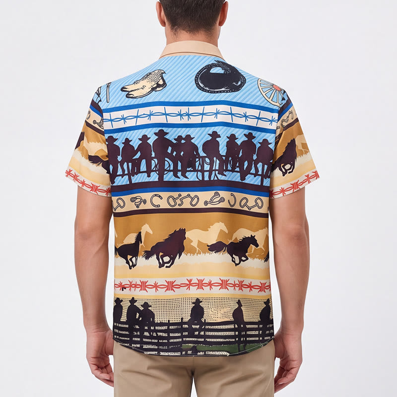 Men's Tan & Blue Cowboy Silhouette & Horse Herd Print Shirt - image 2