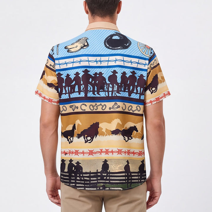 Men's Tan & Blue Cowboy Silhouette & Horse Herd Print Shirt - image 2
