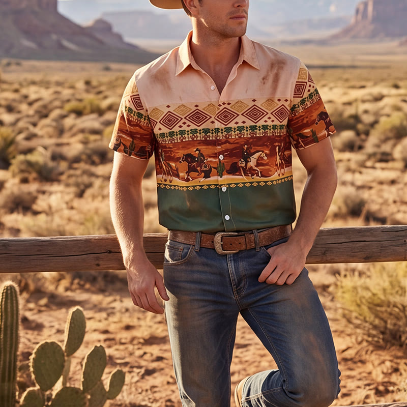 Men's Beige & Green Desert Rider & Cactus Print Shirt - Beige & Green - 3XL - image 0