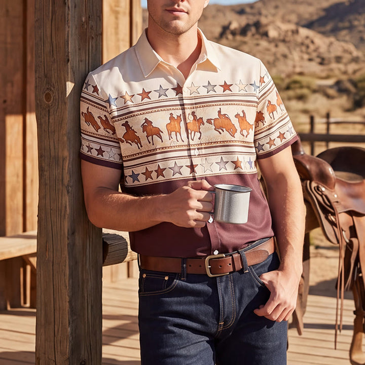 Men's Brown & Cream Cowboy Horse Silhouette Western Print Shirt - Brown & Cream - 3XL - image 0