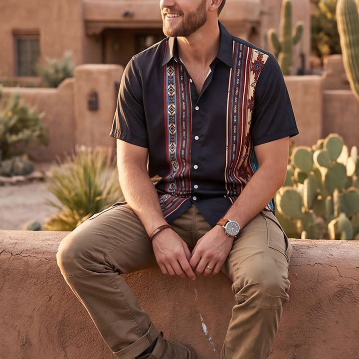 Men's Aztec Geometric Pattern Black Summer Shirt - Black - 2XL - image 0
