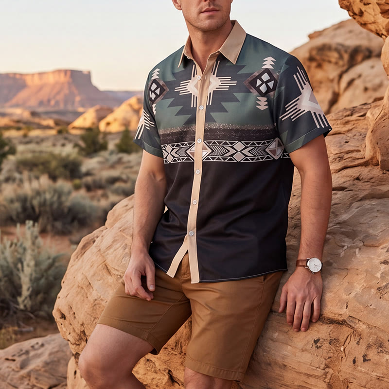 Men's Split Color Block Southwestern Aztec Geometric Print Shirt - Dark Green & Black - 5XL - image 0