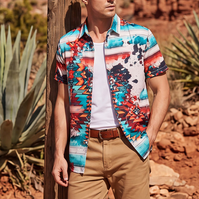 Men's Southwestern Turquoise & Rust Splash Print Shirt - Turquoise & Rust - 5XL - image 0
