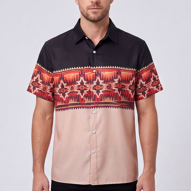 Men's Black & Beige Western Aztec Star Motif Split-Color Shirt - image 1