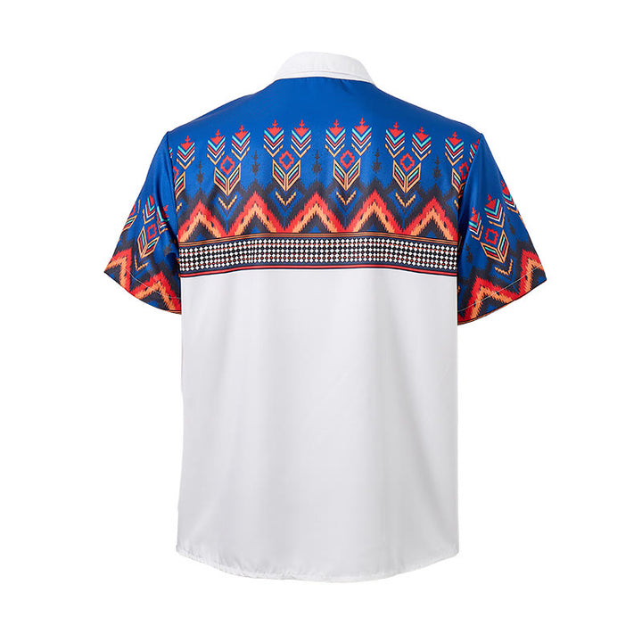 Men's Blue & White Tribal Aztec Geometric Border Print Shirt - image 9