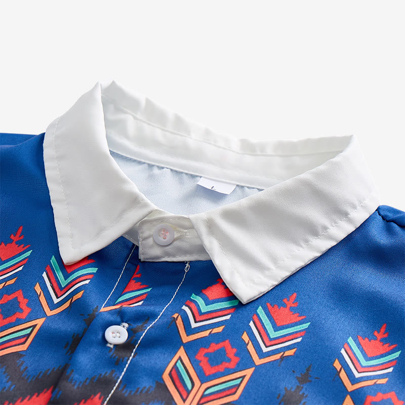 Men's Blue & White Tribal Aztec Geometric Border Print Shirt - image 4