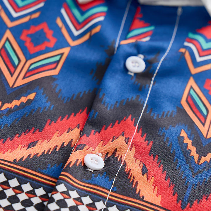 Men's Blue & White Tribal Aztec Geometric Border Print Shirt - image 5