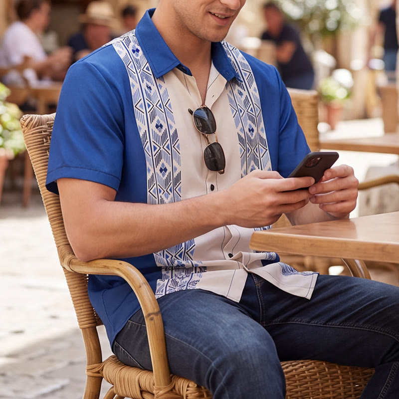 Men's Blue & Beige Ethnic-Inspired Vertical Aztec Print Shirt - Blue & Beige - 6XL - image 0