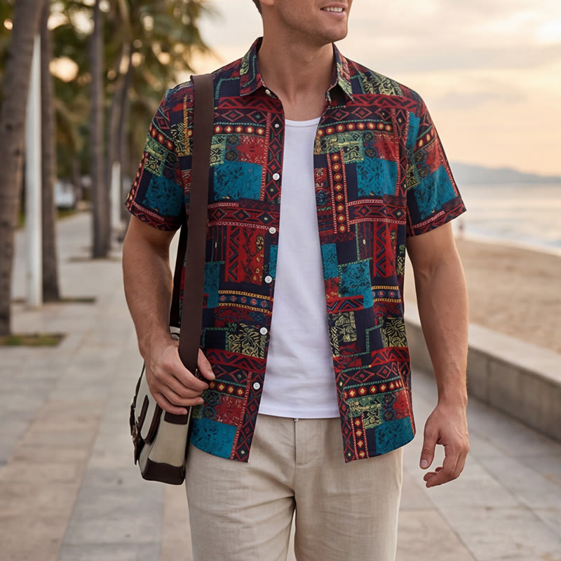 Ethnic Bohemian Multicolor Tribal Patchwork Shirt - Multi-Color - 3XL - image 0