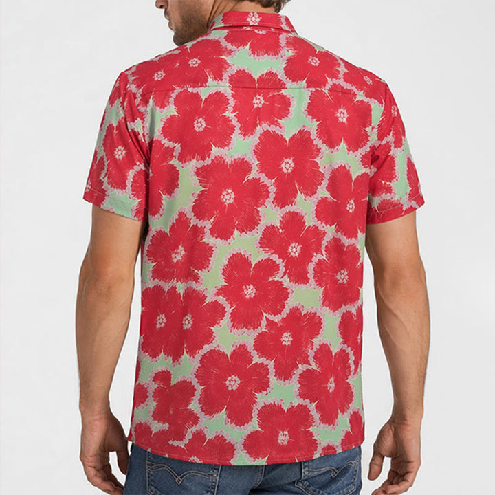 Vibrant Red Flower & Green Base Pattern Vacation Shirt - image 2