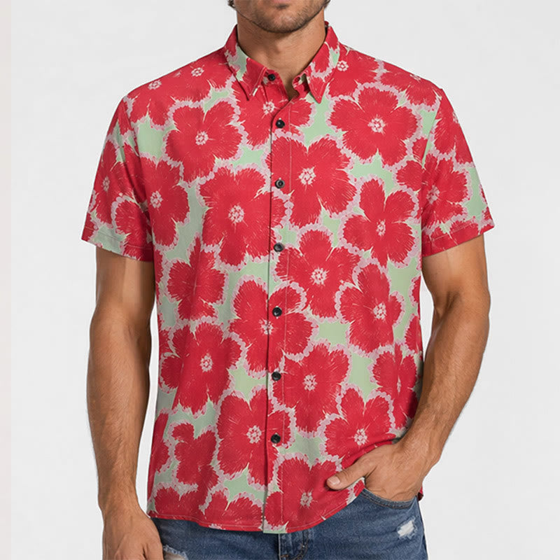 Vibrant Red Flower & Green Base Pattern Vacation Shirt - image 1