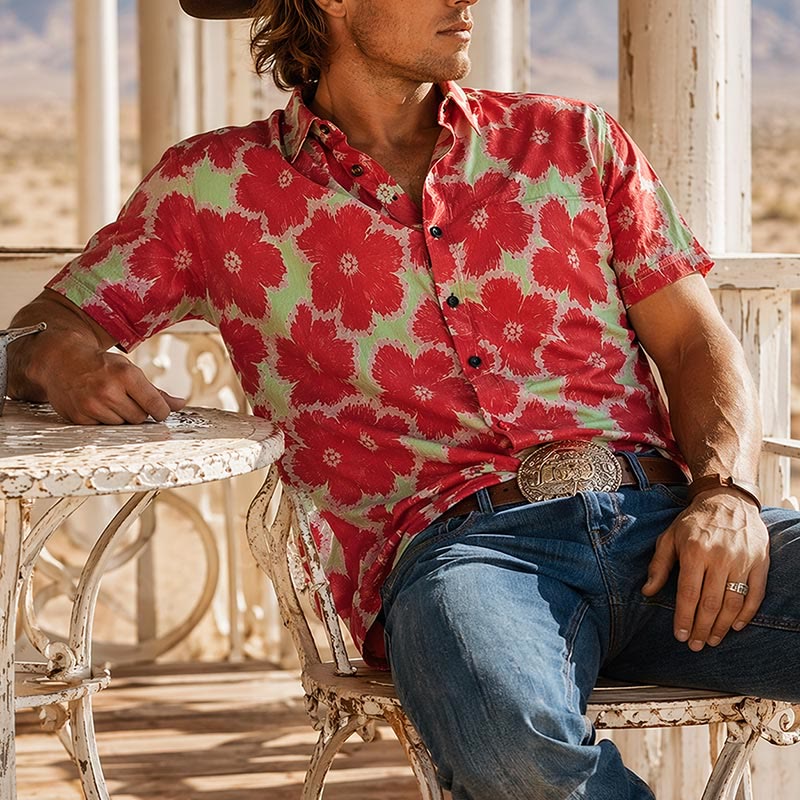 Vibrant Red Flower & Green Base Pattern Vacation Shirt - Red - 5XL - image 0