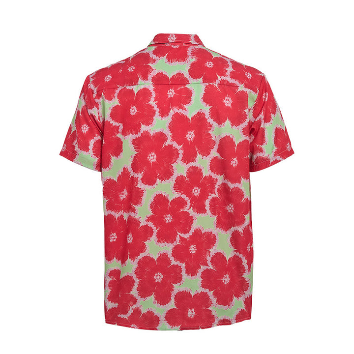 Vibrant Red Flower & Green Base Pattern Vacation Shirt - image 9
