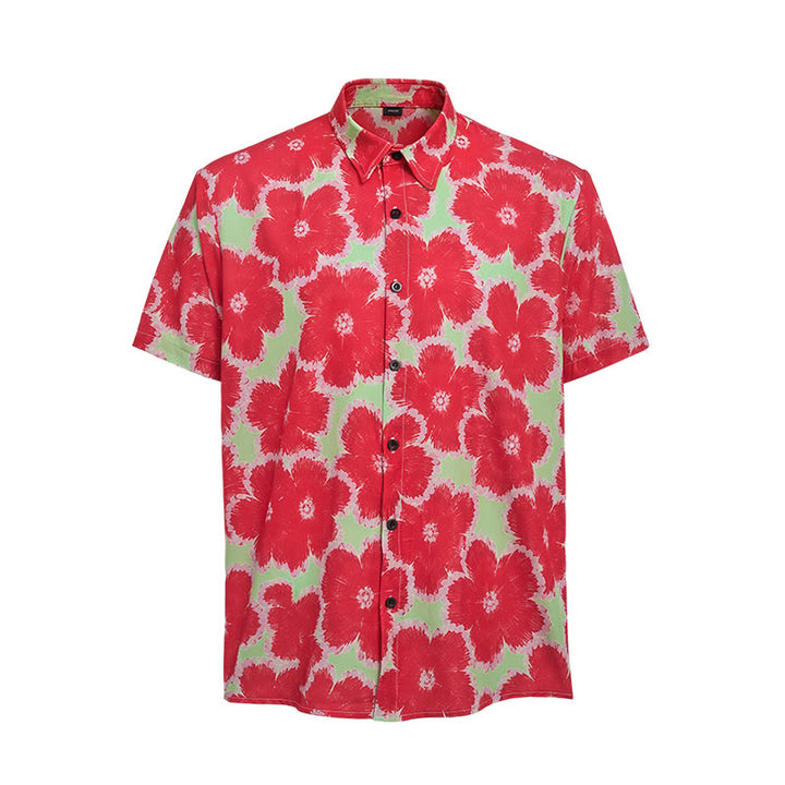 Vibrant Red Flower & Green Base Pattern Vacation Shirt - image 8
